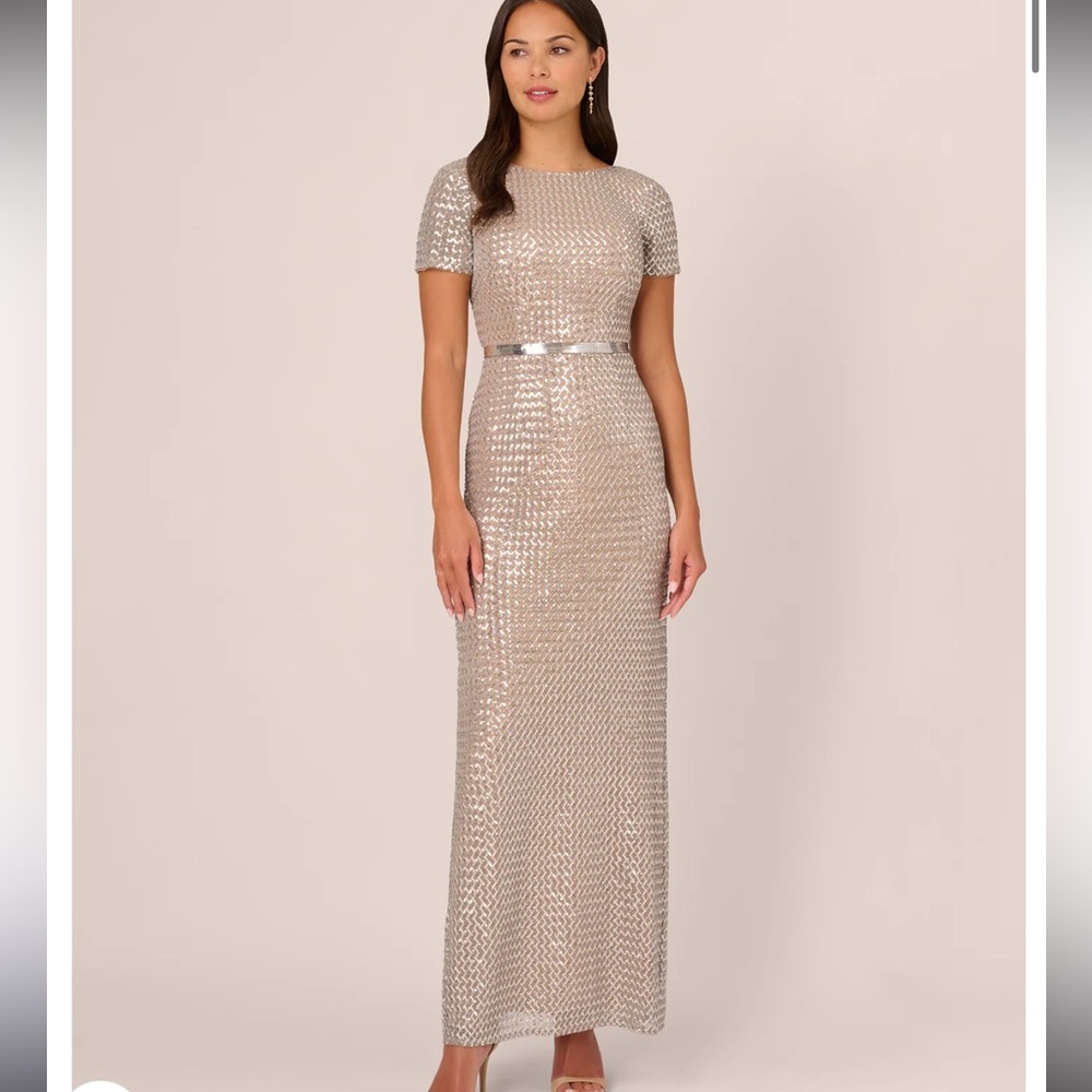 Adrianna Papell Champagne Sequin Maxi Dress with Metallic Belt